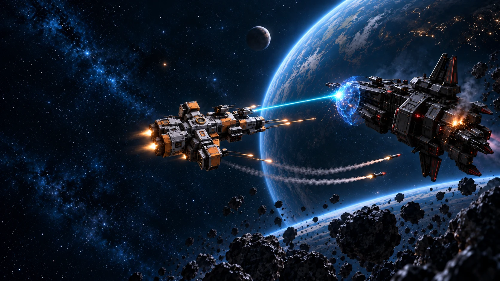 AI concept art of modular starships in battle above a planet; intended visual direction, not gameplay.